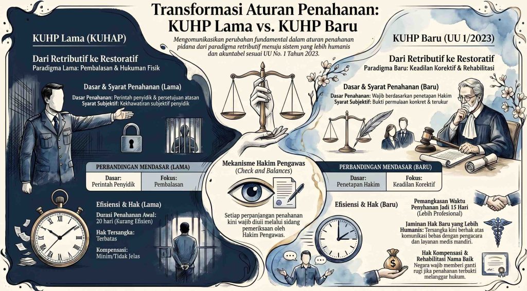 Infografis perbandingan aturan penahanan antara KUHP Lama (KUHAP) dan KUHP Baru (UU No. 1 Tahun 2023) yang menyoroti transformasi hukum dari paradigma retributif (pembalasan) menuju restoratif (keadilan korektif)